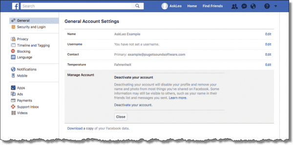 how to deactivate facebook account indesktop
