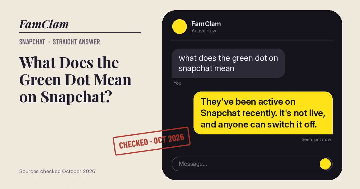 Chat screen illustration. Question: what does the green dot on snapchat mean Reply: They've been active on Snapchat recently. It's not live, and anyone can switch it off.