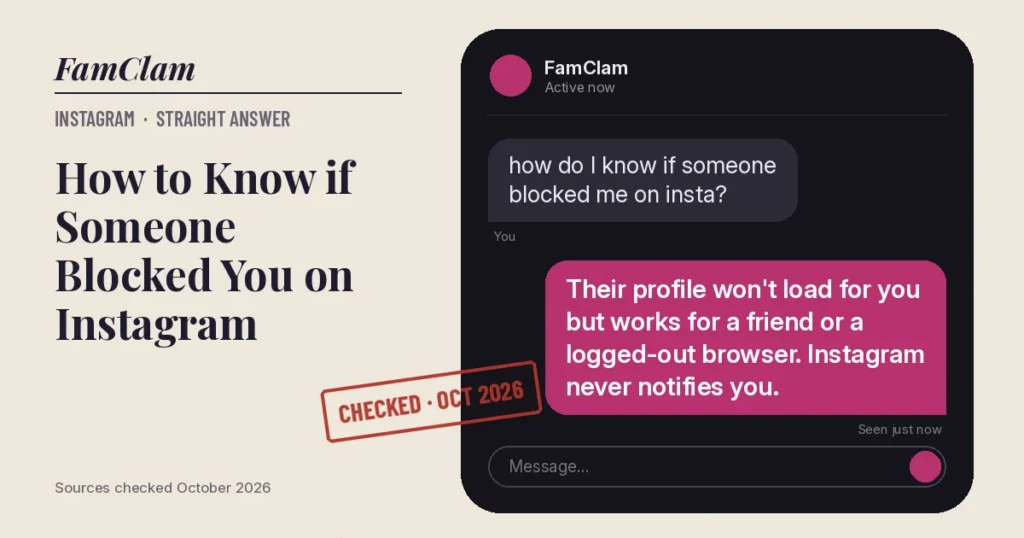 Chat screen illustration. Question: how do I know if someone blocked me on insta? Reply: Their profile won't load for you but works for a friend or a logged-out browser. Instagram never notifies you.