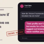 Chat screen illustration. Question: how do I know if someone blocked me on insta? Reply: Their profile won't load for you but works for a friend or a logged-out browser. Instagram never notifies you.